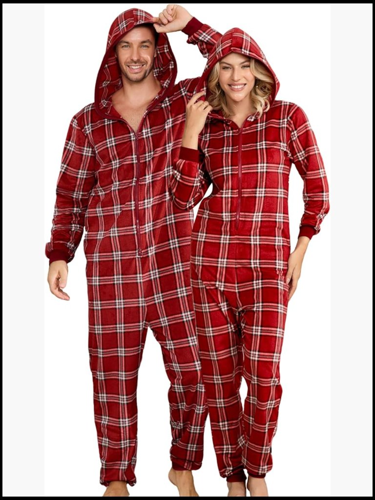 Fleece Onesie Pajamas, Plaid Hooded Zipper Pjs Set, Warm Sleepwear